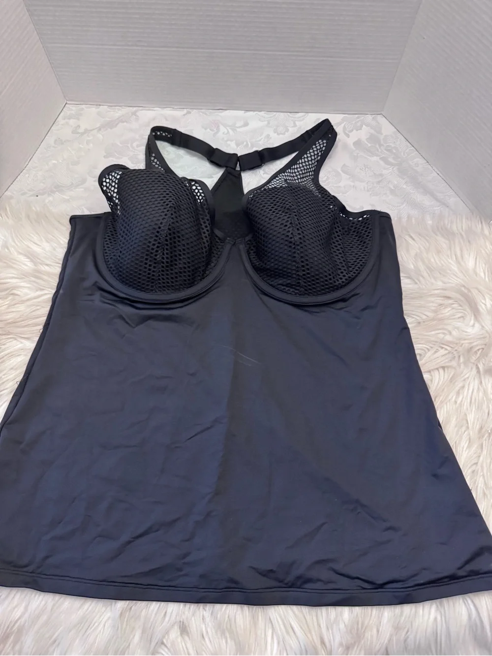 City Chic Med Black Mesh Underwire Racerback Swimsuit Top Tankini Slimming